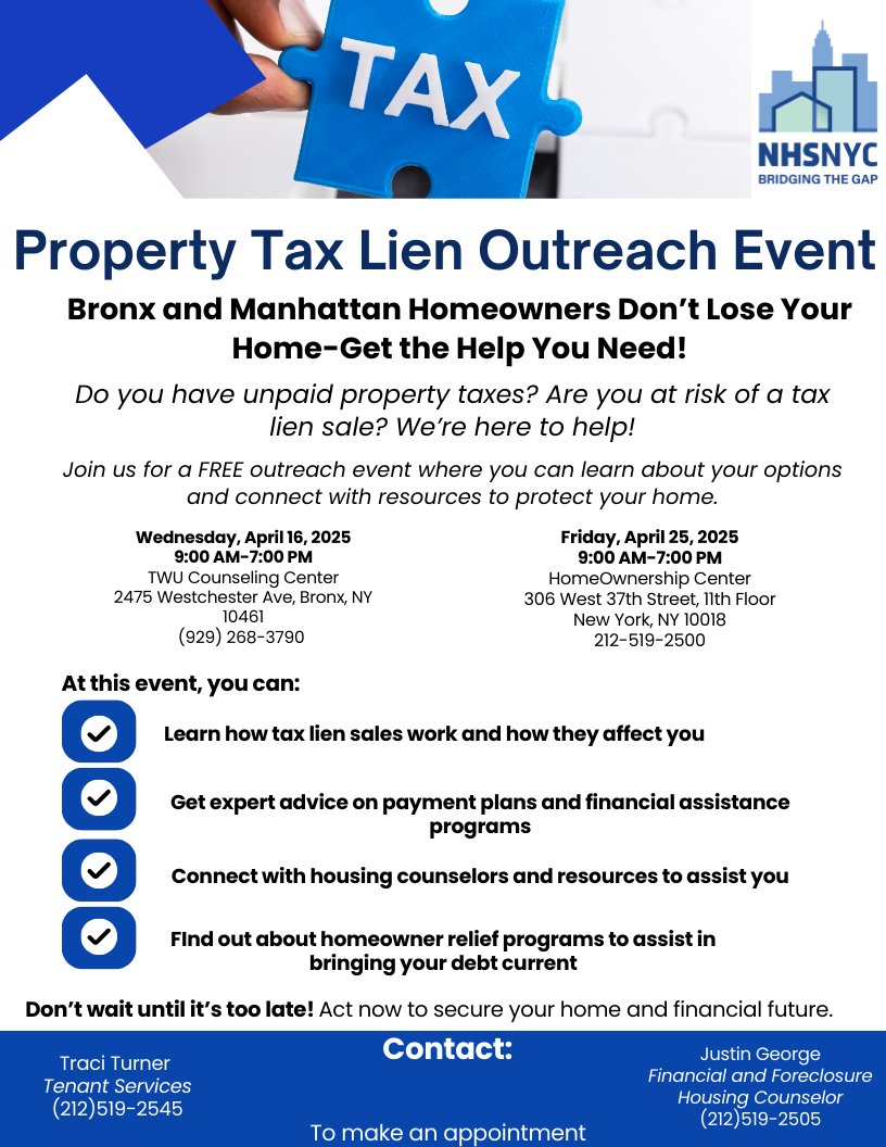 Worried about property tax liens? Join NHSNYC for a free event where experts break down what it means, how it affects you, and how to protect your home. Get informed, get empowered!