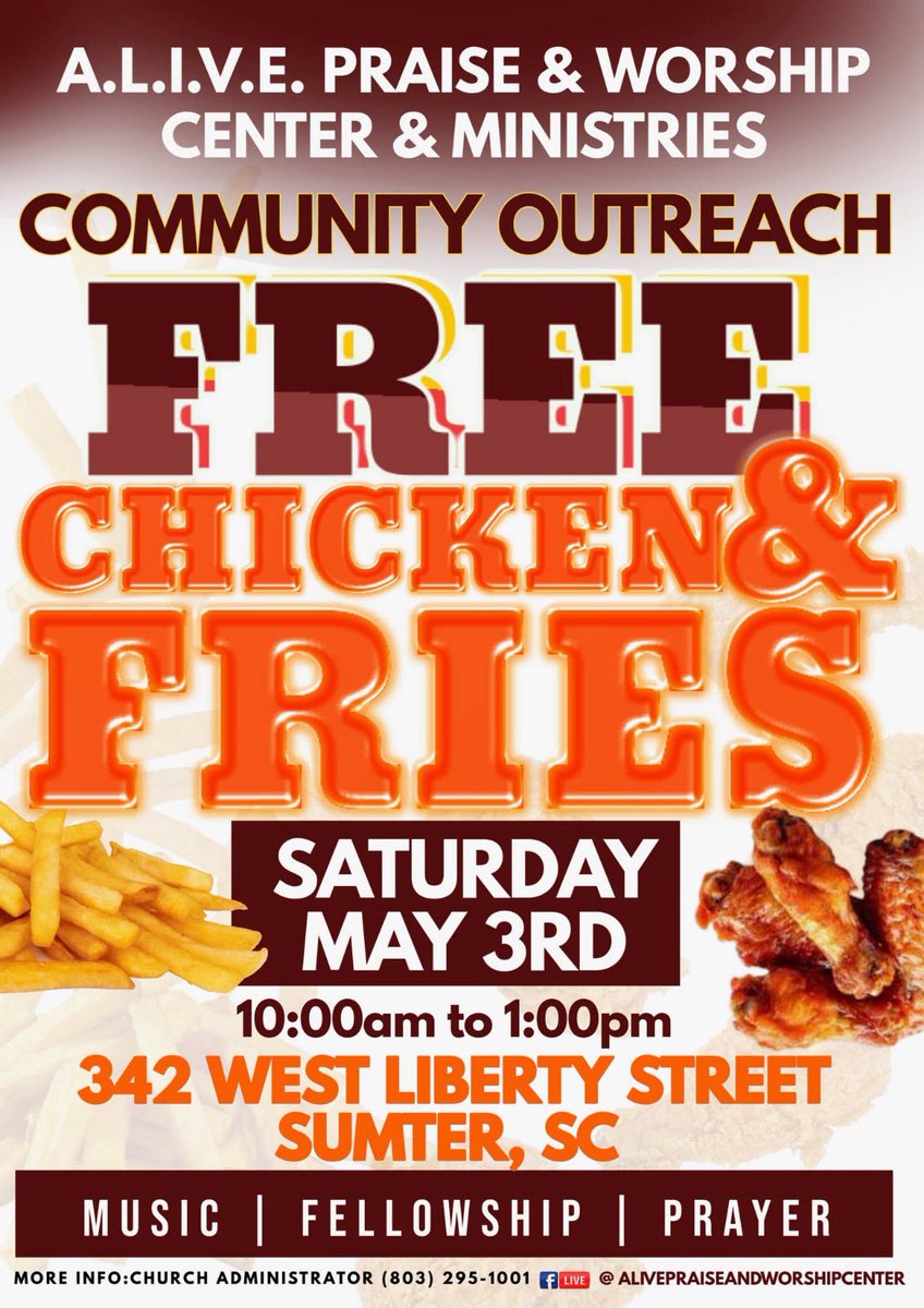 ALIVEMinistry1's tweet photo. Hello Family! Please post this to your media sites with the following caption: 
A.L.I.V.E is taking it to the streets, one community at a time! Join us for our MOBILE CHURCH SERVICE on Saturday, May 3, 2025 at ALIVE Praise &amp; Worship Center @ 342 West Liberty St., Sumter https://t.co/daN65lVRGQ