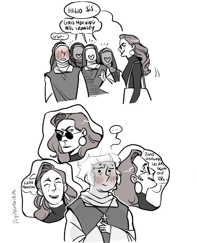 FemAziracrow AU where Aziraphale (here Sister Francesca) is a Sister of a religious congregation, and they regularly meet up with Miss Crowley, a collection curator…. 
#GoodOmens