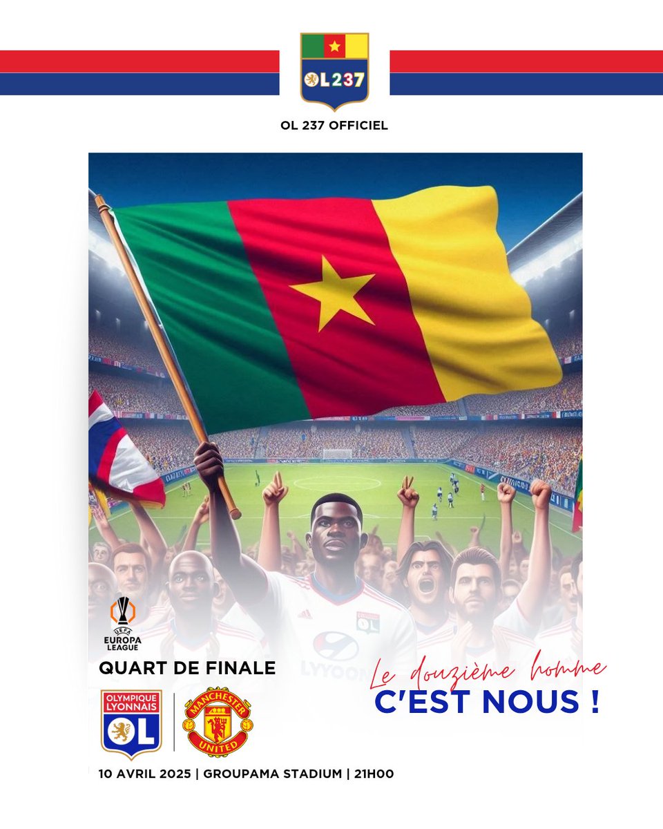 OL_237_Officiel's tweet photo. 🔴 𝗝𝗢𝗨𝗥 𝗗𝗘 𝗠𝗔𝗧𝗖𝗛 🔵

⚽ #OLMUFC
 🏆 1/4 de finale aller d'#UEL 
⌚ 21:00
🏟 @GroupamaStadium

🗣️ @OL_237_Officiel, Le 12ème homme C'EST NOUS ! Tous dans les QG 🇨🇲🥳

𝗔𝗹𝗹𝗲𝘇 𝗹𝗲𝘀 𝗚𝗼𝗻𝗲𝘀 🦁🔴🔵

#OL237 #Gones237 #GonesWorld #UnisPourRugir #AllezOL https://t.co/8qCQyCvcH8