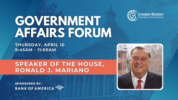 bostonchamber's tweet image. We’re getting ready to hear from Speaker of the House @RonMariano at our Government Affairs Forum. Whether you’re in person or online, follow along to hear what he has to say about his policy priorities &amp;amp; strategies to strengthen the communities &amp;amp; economy of MA.

#MApoli