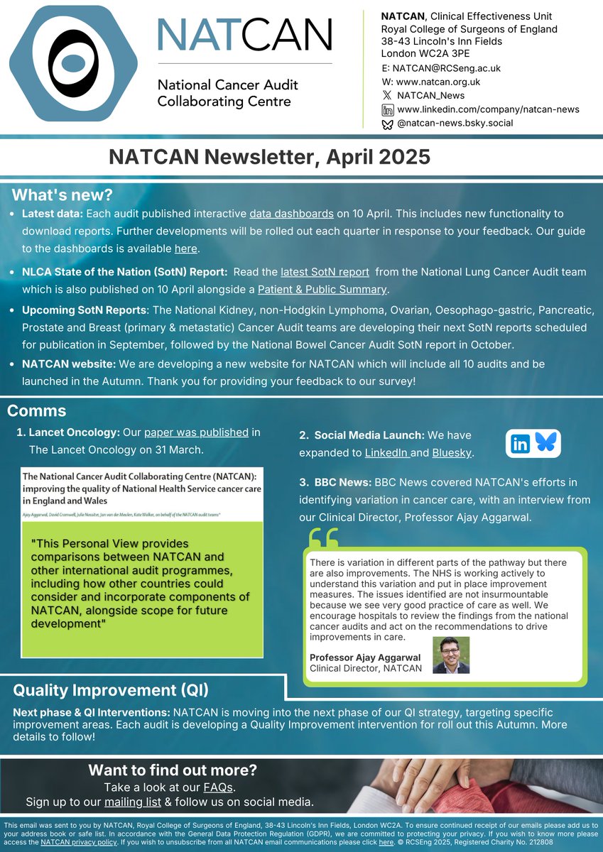 Read our latest updates in the April newsletter published today including:

📊 Each audit has published interactive dashboards with the latest data
📈 The National Lung Cancer Audit team have published their SotN report

🔗bit.ly/4cro8VW
