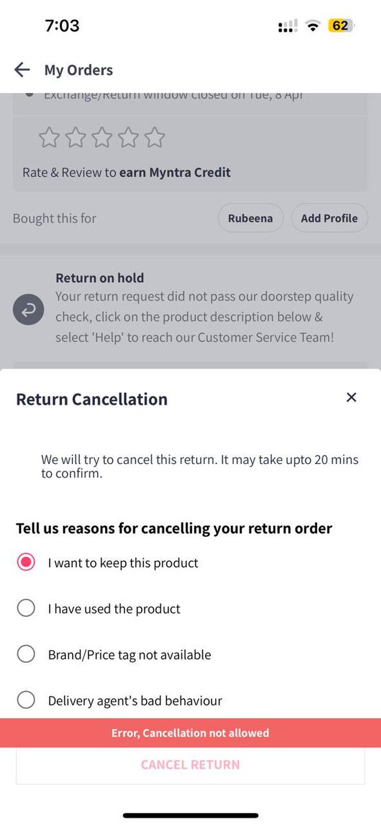 arshadmufeed's tweet photo. @MyntraSupport It is not allowing me to cancel the return https://t.co/H3HX1MWVpz