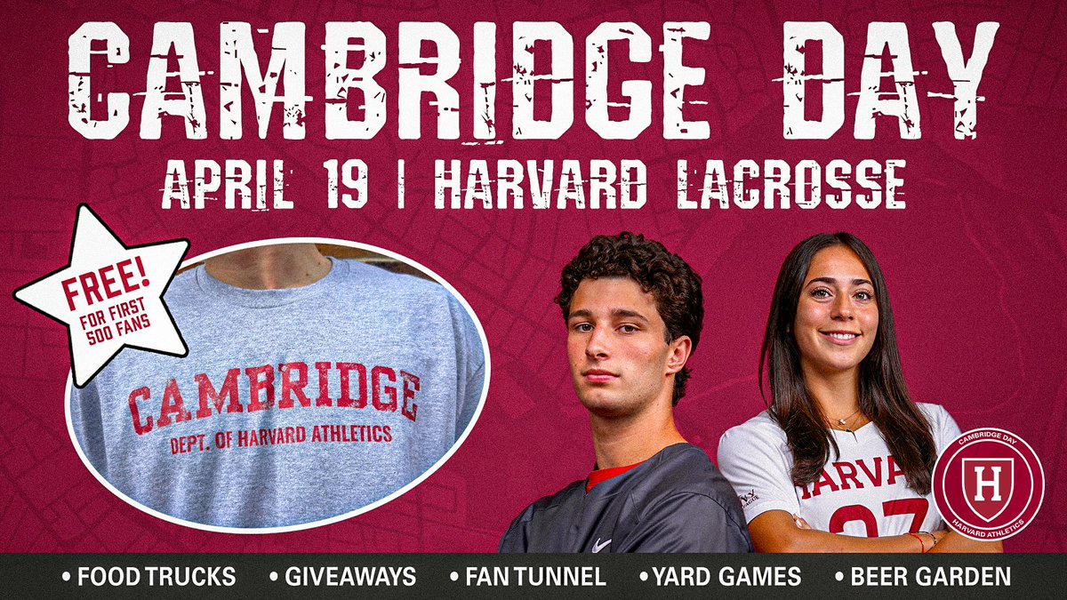 FREE t-shirts for the first 500 fans! Harvard's most action-packed weekend of the year just got better–the first 500 fans attending Men's or Women's Lacrosse on 4/19 will receive a FREE Cambridge t-shirt from Harvard Athletics!

Get Tickets ⬇️
gocrimson.evenue.net/promotions/CD2…

#GoCrimson