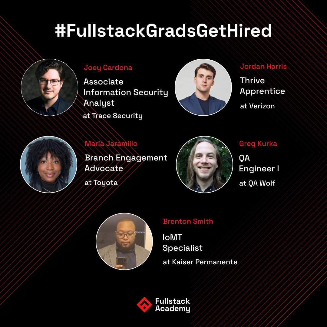 fullstack's tweet image. Congratulations to these talented #FullstackAcademy alumni who landed exciting roles in tech! 🚀 Explore our bootcamps to pursue your own tech journey: fullstack.academy/gets-hired-tw