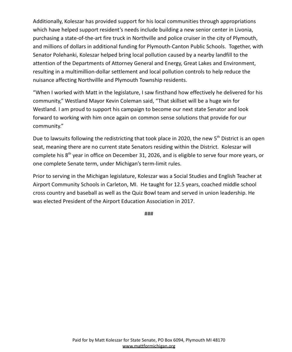 In western Wayne County, we’ve proven that when you elect democrats, we’re engaged locally &amp; deliver real results. I’m excited to earn the support of Plymouth, Canton, Inkster, Westland, &amp; Garden City as I launch my campaign to be their next state Senator.