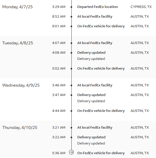 TruscottJeff's tweet image. After a year or so of my @FedEx driver refusing to bring packages to my door, now they won't even bring them to my house. Good thing it's not something I absolutely need for an event in 48hrs...
Odds it actually makes it into my hands today?