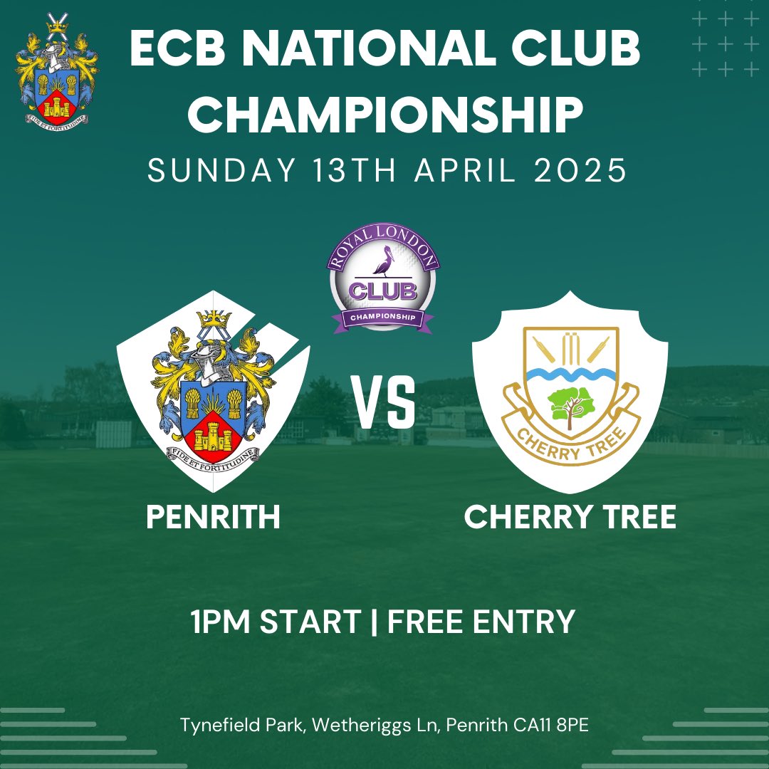 🔥 THIS SUNDAY - The cricket season returns! 🔥

🏏 1st XI vs <a href="/CherryTreeClub/">Cherry Tree CC</a> 
🏆ECB National Club Championship
📍 Tynefield Park, Penrith
🗓️ Sun 13th April
🕐 1PM Start
🎟️ FREE ENTRY - Everybody Welcome!