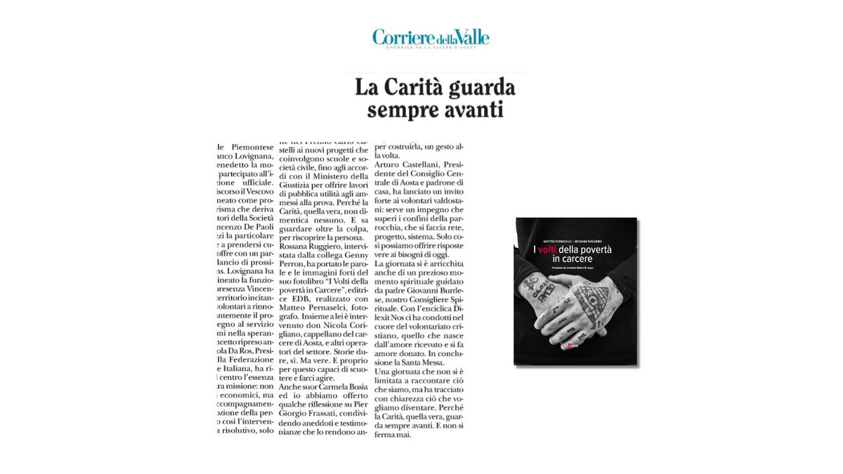 Corriere della Valle: A San Vincenzo, l'autrice <a href="/Ruggierossana/">Rossana Ruggiero</a>  ha voluto condividere la sua esperienza nelle carceri italiane. Con il suo libro "I Volti della Povertà in Carcere”, la Ruggiero ha mostrato come la vera Carità è ascolto.
📚dehoniane.it/9788810438244-…