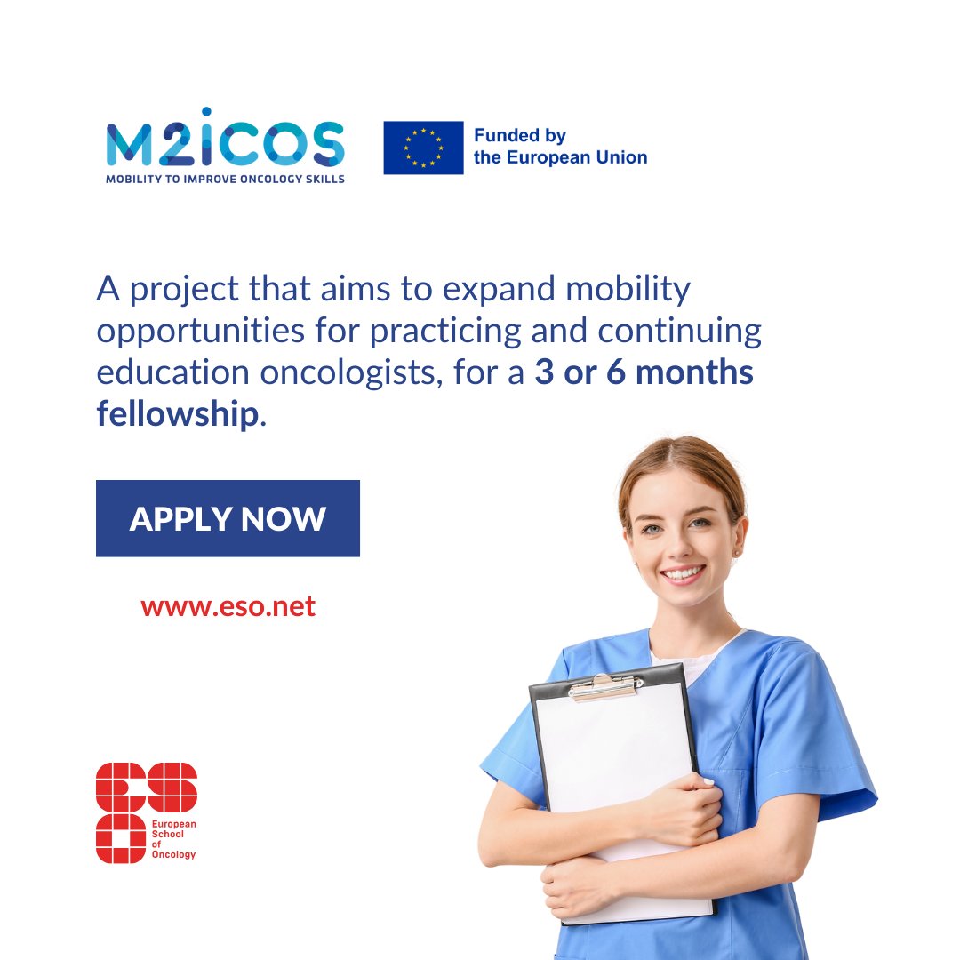 ESOncology's tweet photo. APPLICATION DEADLINE: 15 June! The #M2ICOS project aims to expand mobility opportunities for practicing and continuing education oncologists, for a 3 or 6 months fellowship.
👉🏻 Discover more and apply: https://t.co/kSTK0LH4w2
Funded by the European Union. https://t.co/DGHs2n6wYG