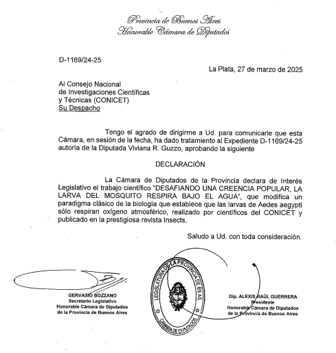 La Cámara de Diputados de la Provincia de Buenos Aires declaró de Interés Legislativo nuestro trabajo sobre la respiración subacuática de las larvas de Aedes aegypti 🦟
Muchas gracias por el reconocimiento, es un gran orgullo ✨
