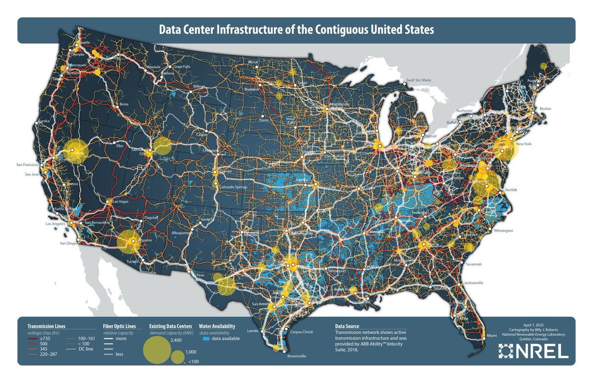 Amazing and timely map by Billy Roberts at <a href="/NREL/">NREL</a>  showing electricity and data infrastructure across the US!