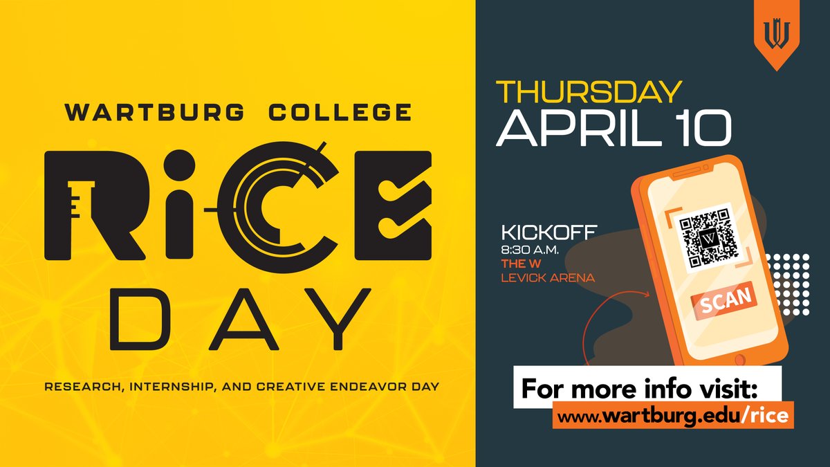 It's RICE Day, the day where our students share what they've been working on this academic year.

Stop by to see presentations, poster displays, the senior art exhibit, documentary premieres, athletics and music practices, and more! Get the schedule at wartburg.edu/rice.