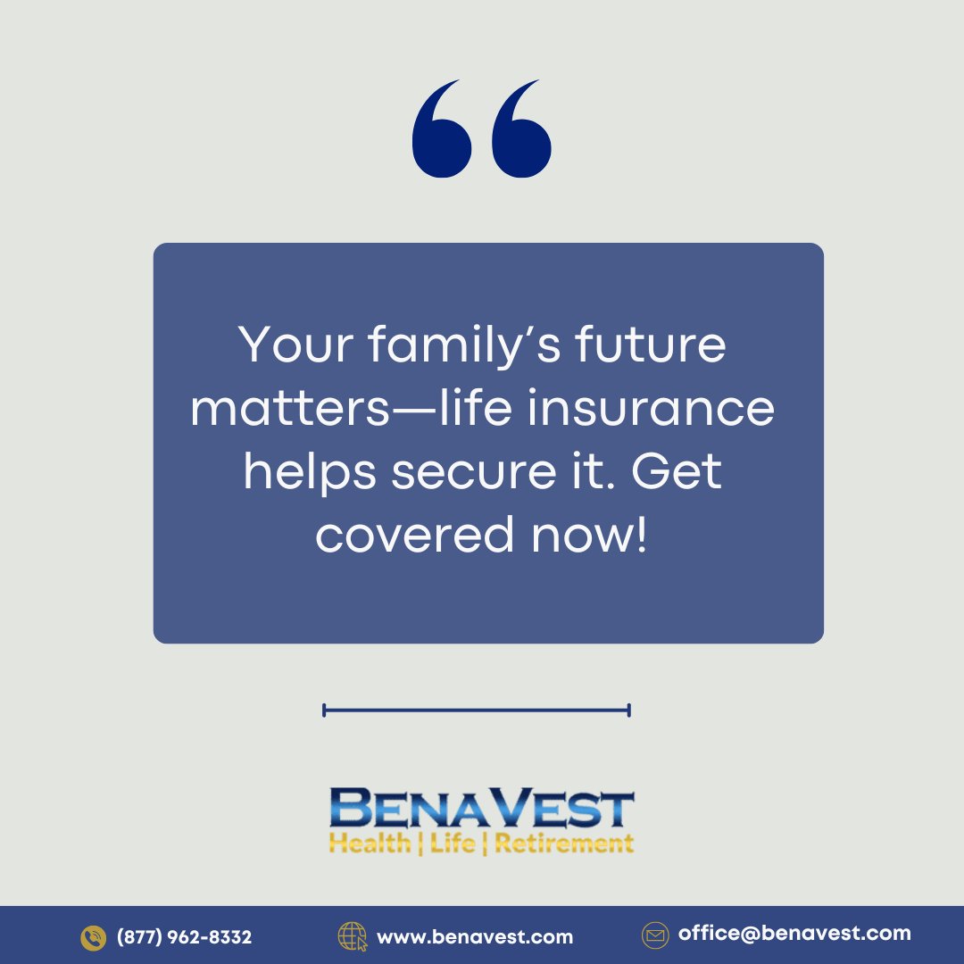 BenaVestIns's tweet image. Life is unpredictable, but your family’s security doesn’t have to be. 🏡💙 Find the best life insurance coverage with our guidance today!

#FinancialProtection #PlanAhead #LifeInsuranceCoverage