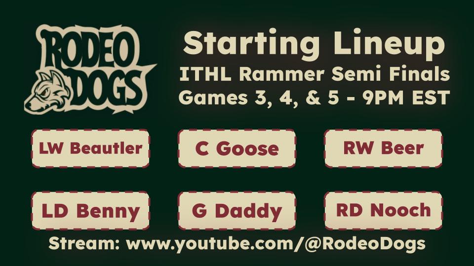 🚨 WIN OR GO HOME 🚨

The Rodeo Dogs face off against the Albany Biscuits TONIGHT in Games 3, 4, and 5 (if needed) of the <a href="/IceTiltHL/">ITHL</a>  Rammer Division Semifinals.

Series is tied 1-1 after back-to-back OT thrillers. The Dogs are chasing their first-ever trip to an ITHL Finals and