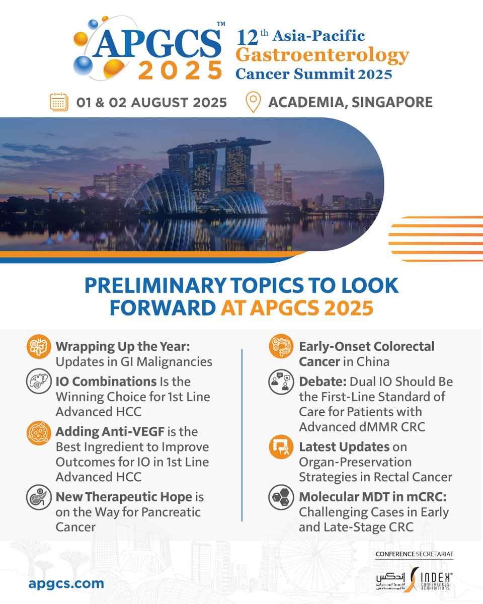 Preliminary Topics at APGCS 2025
Join us in Singapore on Aug 1–2 for the 12th Asia-Pacific Gastroenterology Cancer Summit.

Explore updates in GI malignancies, IO combos, CRC strategies &amp; more.

Register now: apgcs.com/register-for-a…

#APGCS2025 #GIOncology #CancerCare