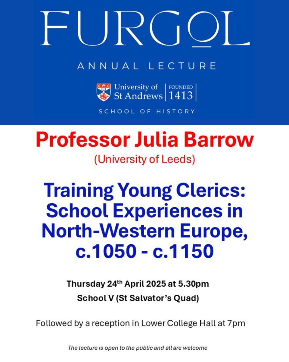 Our inaugural Furgol Lecture, which will be given by Professor Julia Barrow from the University of Leeds, is taking place at 5.30pm on 24 April (two weeks today)! All are welcome!