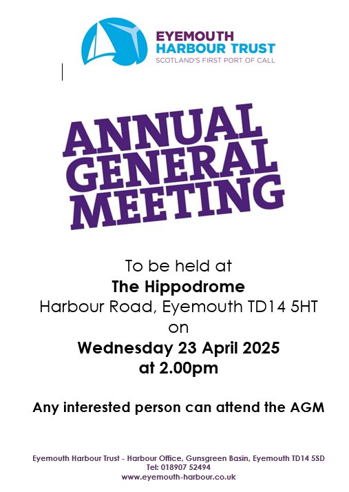 Eyemouth Harbour Annual General Meeting

The Annual General Meeting of Eyemouth Harbour Trust will be held on Wednesday 23rd April 2025 at 2pm.

Please visit our website for more information.
eyemouth-harbour.co.uk/annual-general…
#Eyemouth #EyemouthHarbour #EyemouthHarbourTrust