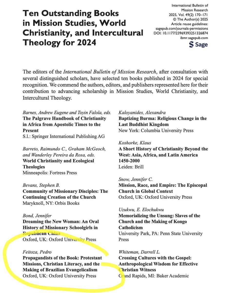 CSWCEdinburgh's tweet photo. Dr @PedroBFeitoza’s book 𝘗𝘳𝘰𝘱𝘢𝘨𝘢𝘯𝘥𝘪𝘴𝘵𝘴 𝘰𝘧 𝘵𝘩𝘦 𝘉𝘰𝘰𝘬 (@OUPReligion 2024) was recognised by IBMR (@OMSCatPTS) as an outstanding book in mission studies and World Christianity!

Huge congratulations to Dr Feitoza! #LatinAmericanChristianity #BrazilianEvangelical https://t.co/HtzjXrZV0p