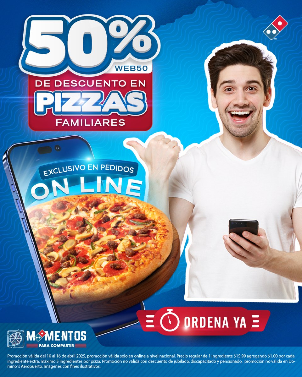 🎉 ¡Aprovecha nuestro 50% de descuento en pizzas familiares al ordenar online! 🍕

✨ Exclusivo online solo del 10 al 16 de abril de 2025, porque los #MomentosParaCompartir saben mejor con pizza ❤️

📱 Pide fácil, rápido y prity en nuestra web.

#DominosPanamá