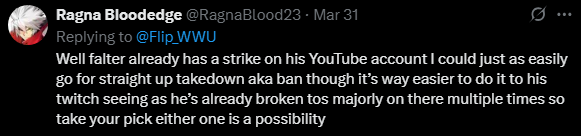 falter_ttv's tweet photo. So, recently - Flip and Silvy's alt: @/TrialMacameau tried to steal my live streams that were created on Twitch and uploaded to my Youtube, unlisted. They first tried to post my streams on twitter to harass me, plagiarize and steal my content without my consent or permission - and to harass me for it despite the alt account itself being banned from my Twitch live streams in March, 2025.
In accordance to Twitch's trust and Safety - not only are they breaking the rules in using an alt account to view a stream they are banned from - but they are not allowed to record my live streams without my consent or permission and redistribute my content that I own, created, etc. without my consent no matter the excuse.

They additionally tried to remove my copyright from the video so that they could attack my audio - forgetting that my audio and attempting to remove or cover up my copyright - is a copyright violating in and of itself, still. In fact, it proves plagiarization and theft.
When the alt account got in trouble and suspended on twitter for harassing me - they then tried to false DMCA my own Twitch stream that was unlisted on my YT down.
Yes, I am not even joking - they tried to false DMCA my own Twitch stream on my Youtube with the logic that they are allowed to file a false DMCA takedown because they lost the theft of my content itself.
(Image 2 shows that it is in fact my owned Twitch stream that was also posted unlisted on my Youtube:)

The vod: https://t.co/PciHqXFUoM

This shows the following:

1: Flip and his crowd WILL steal my content and others and post it as their own content.

2: If you defend your content, they will doxx, harass you, and then try to DMCA your own content as if they own it when they do not.

3: They will use alts to stalk you and your content to harass you and attempt to harass you even if they've been banned from your community, interacting with you, and even viewing the stream.

I am glad that Youtube returned my content to me.
Please be aware that if these people attempt to steal your content, monetized content, or any form of media and then upload it to attack you or use it without your consent or permission - no, that does not ever fall under fair use.

Fair use has a very specific set of laws that it must fall under. Protect your content. Put your labels on it. Ensure that if they try to hide your copyright, use your copyrighted works without permission - you protect it.
And if they try to steal your own content from you - follow through, seek legal counsel, and contact your local courts to press charges and seek a protective order against these types.
Especially if they're nothing but copyright trolls who can't even respond to counter claims and are doing so in a malicious way to attempt to harass your channel with false DMCA claims in an attempt to suspend you, harass you, or doxx you.

Something Flip's alt (Ragnabloodedge,) has admitted to being a pasttime of his: (Image 4.)