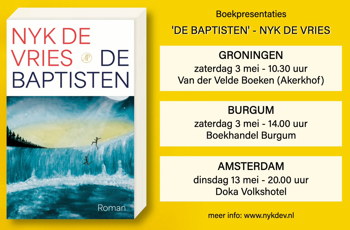 Nykdevries's tweet image. Op 29 april verschijnt m'n nieuwe roman ‘De Baptisten’ (@arbeiderspers). Van harte uitgenodigd voor de presentaties in Groningen, Burgum en Amsterdam. Uiteraard zal ik signeren en voorlezen. Ook treed ik op met diverse gasten. Entree gratis. Meer info via: nykdev.nl