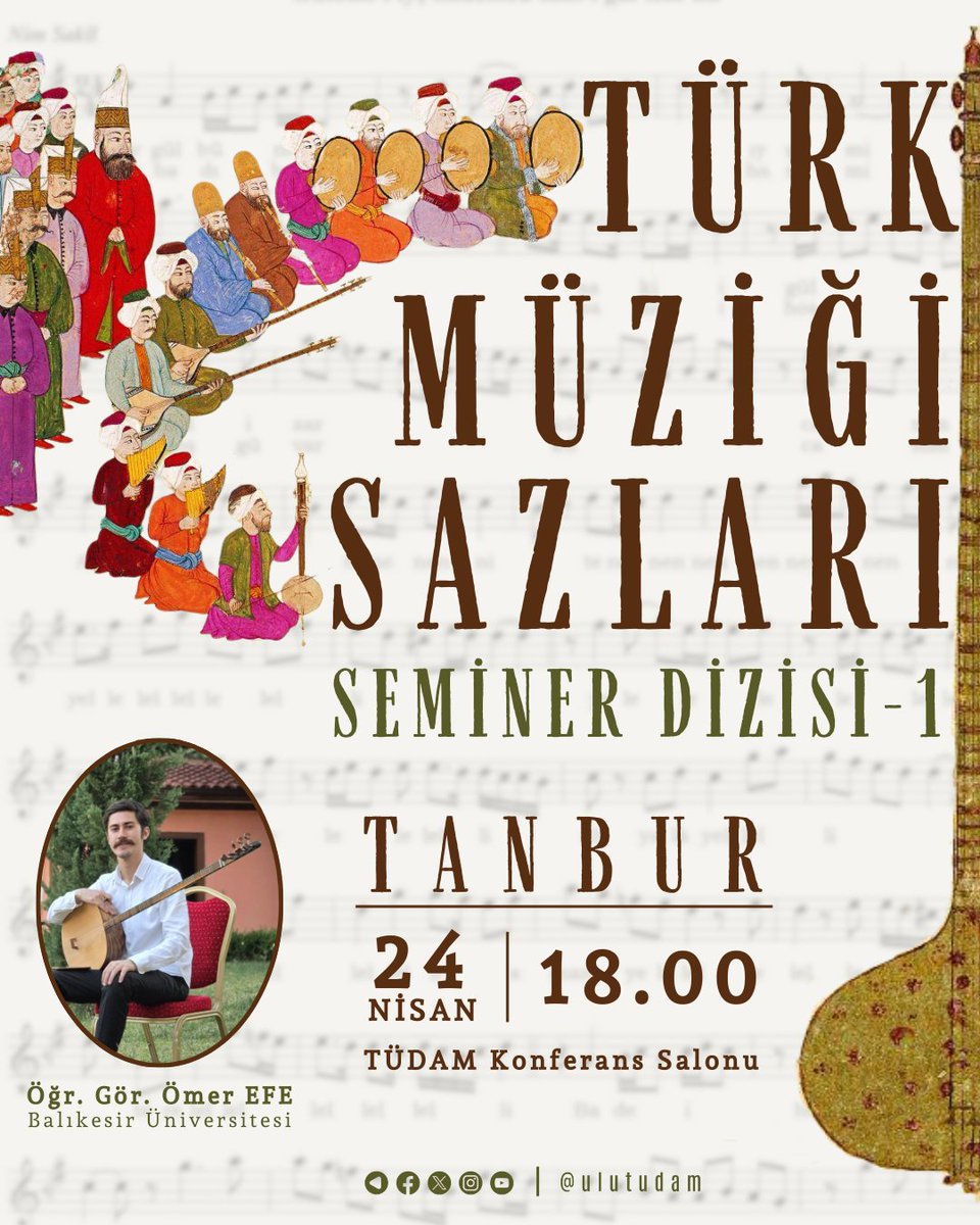 Türk Müziği Sazları Seminer Dizisi başlıyor!
İlk seminerde, tanburu ve geleneksel Türk müziğindeki yerini Balıkesir Üniversitesi'nden Öğr. Gör. Ömer Efe'den dinliyoruz.

24 Nisan | 18.00 | TÜDAM Konferans Salonu

#Tanbur #TürkMüziği #TÜDAM #Seminer #MüzikTarihi