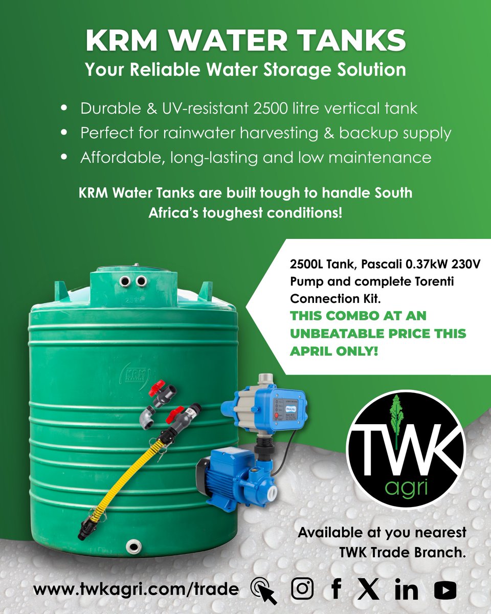 Get your hands on our KRM Water Tank Combo – a durable 2500L tank, Pascali 0.37kW pump, and Torenti connection kit – April only!

📍 Find us: twkagri.com/trade

#WaterWise #TWKAgri #KRMtanks #AprilSpecial #WaterStorage #FarmSmart #RainwaterHarvesting #BackupWaterSolution