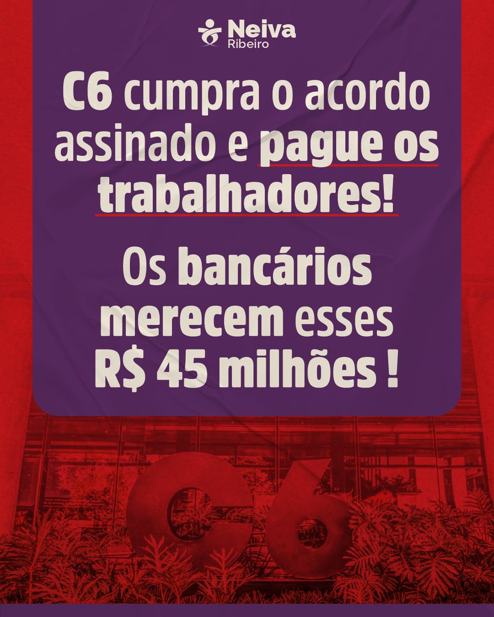 🔴 C6 deu calote na PLR! Ignorou a Convenção Coletiva dos Bancários, criou regras próprias e deixou de pagar R$ 45 milhões aos trabalhadores. O valor oferecido é irrisório e não chega perto do que é devido. O Sindicato já busca a mediação da Fenaban, mas a mobilização dos