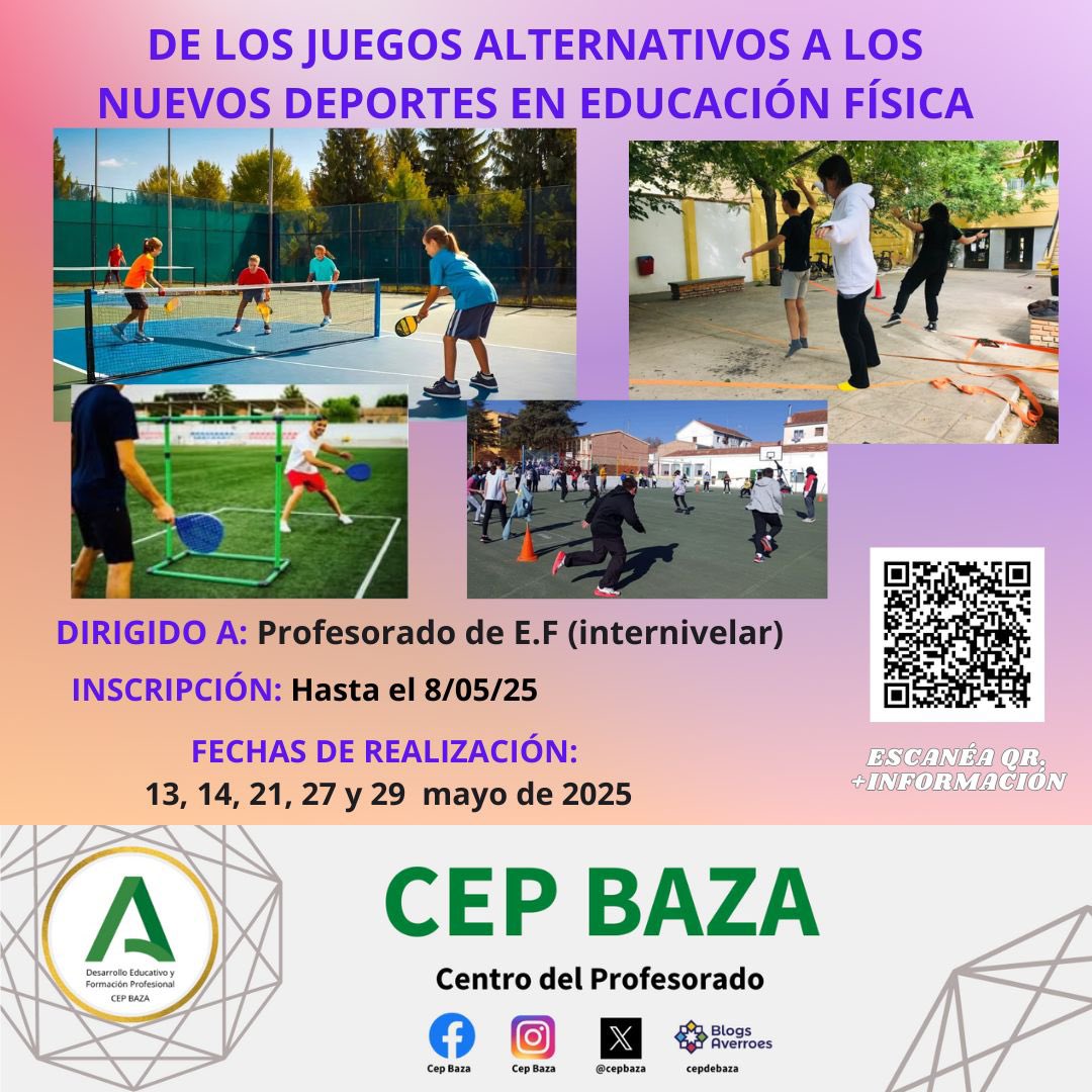 📢 *CURSO SEMIPRESENCIAL* : "DE LOS JUEGOS ALTERNATIVOS A LOS NUEVOS DEPORTES EN EDUCACIÓN FÍSICA" 

🗓️ Inscripción hasta el 8/05/25 

📅 Realización:13/05/25 AL 29/05/2025 (5 sesiones)

🏛️ Lugar: CLUB DE TENIS CID HIAYA Y CEIP JABALCÓN

📝 INSCRIPCIONES:bit.ly/4lo4371