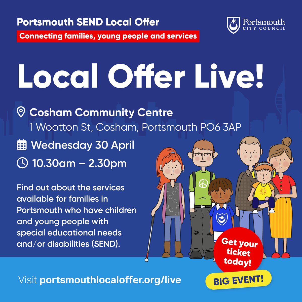 SendLocal's tweet image. If you live in the PO1 - PO6 area and have children up to the age of 25 years old with SEND, meet community groups, services and organisations who can support you at Local Offer Live on Wed 30 April at Cosham Community Centre. Book your place portsmouthlocaloffer.org/live