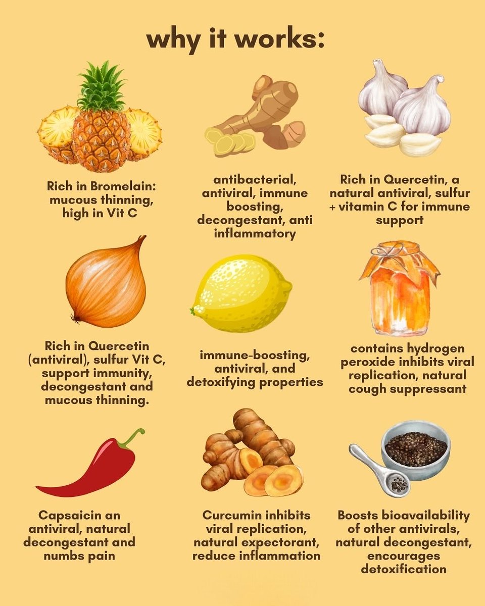 BarbaraOneillAU's tweet photo. 💊Nature’s Amoxicillin is a popular recipe online. There are many variations, but here is mine.

🌱Why it works? These ingredients support the immune system in several ways:

🍋Boosting immune function (via garlic, ginger, and vitamin C from lemon)
🫚Reducing inflammation and discomfort (via ginger, cayenne pepper, and honey)
🍯 Fighting off infections (via garlic, honey, and apple cider vinegar)
🌶️Detoxifying the body and promoting healing (via lemon and cayenne pepper)
🧅Acting as a natural decongestant and mucous thinner (ginger, bromelain, honey, onion).

👉Suitable for over 1 year of age but I’d dilute and add more honey for palatability for kids.

❌Also needs to be stated, although this natural “amoxicillin” recipe can help alleviate symptoms and support the immune system, it doesn’t replace professional medical treatment. For severe flu symptoms or if complications arise, it’s important to consult a medical professional.