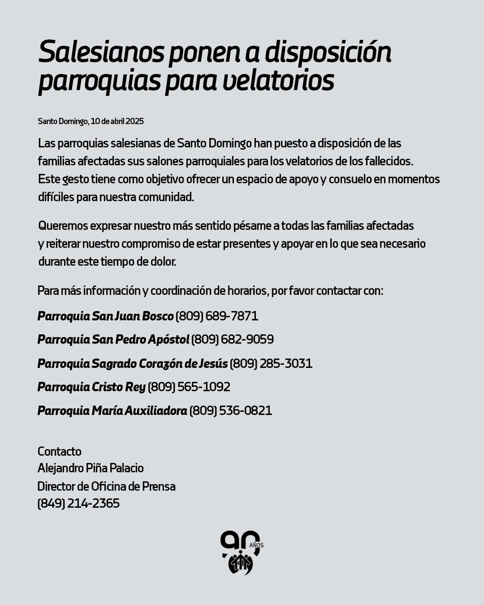 Como Familia Salesiana hemos puesto a disposición nuestros salones parroquiales de Santo Domingo para la realización de los velatorios de los fallecidos.

Acompañamos con nuestra oración a todos los afectados por esta terrible tragedia. 

#salesianos #ancladosenlaesperanza