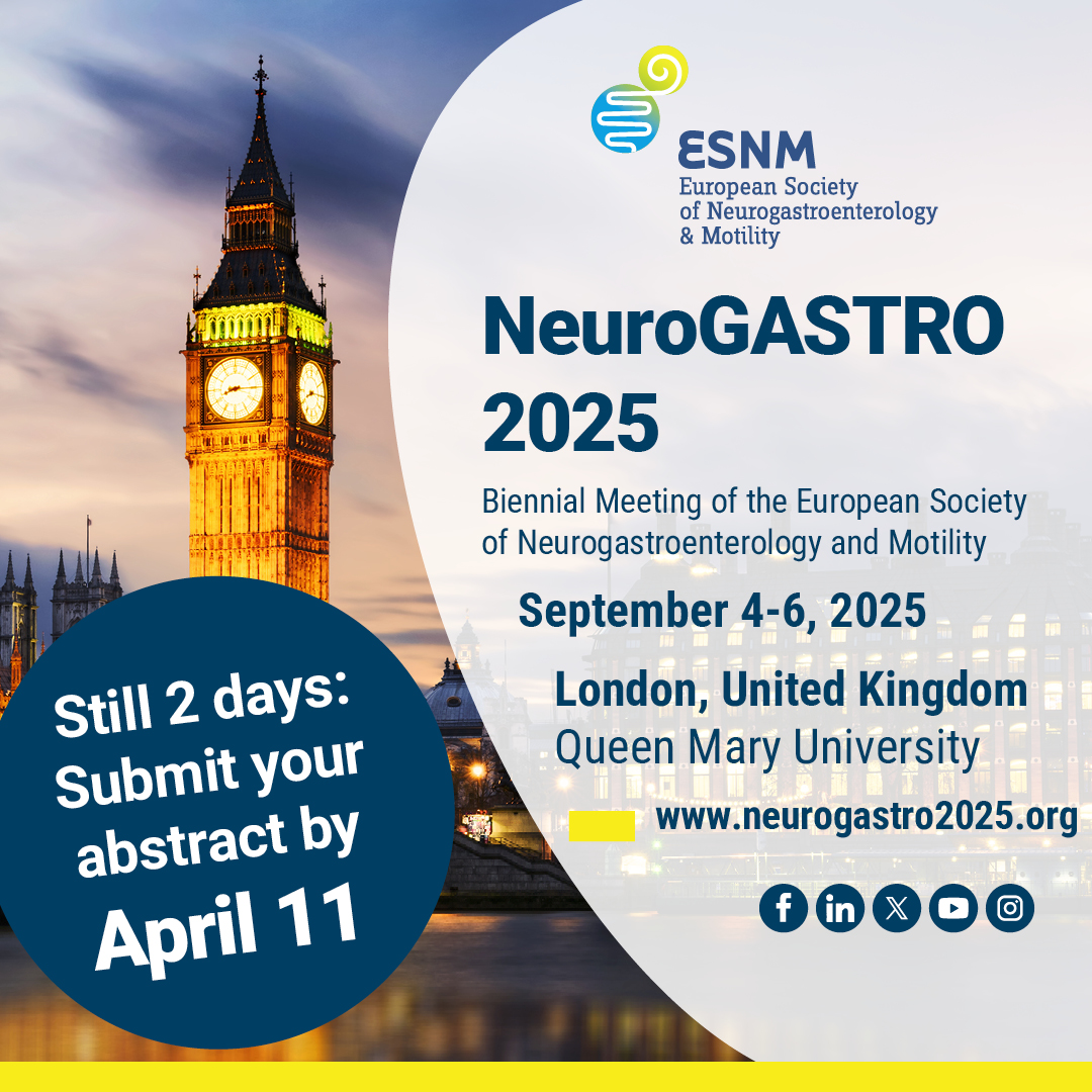 Two days left till the abstract submission period for #NeuroGASTRO2025 ends! Submit your abstract now connect with the vibrant community of youngsters, researchers &amp; experts in the field of #neurogastroenterology &amp; #motility.
📅 Deadline: April 11, 2025
🔗 neurogastro2025.planning.it/sendabstract