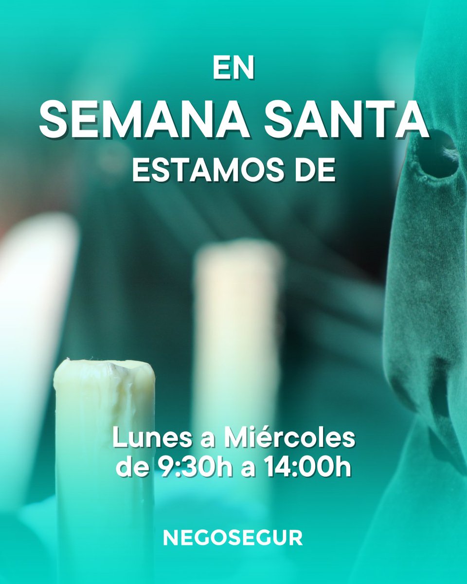 negosegur's tweet photo. 📣 Horario especial Semana Santa 🕊️

Esta Semana Santa estaremos disponibles para atenderte con la misma energía de siempre, pero en horario especial:

🗓️ De lunes a miércoles
⏰ De 9:30 a 14:00

No dudes en escribirnos o visitarnos dentro de ese horario.

👉 ¡Contáctanos! https://t.co/DJCtMd0kks
