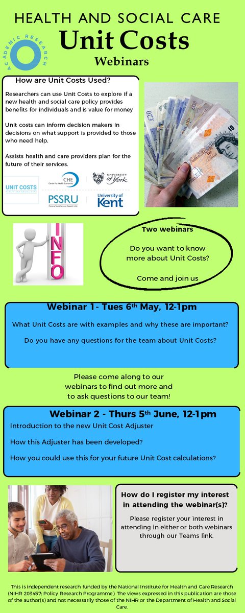 Like Unit Costs of Health and Social Care? You may wish to attend a couple of upcoming webinars from the Unit Costs Team. For registration info and more see: Webinar 1 - tinyurl.com/57nka6we &amp; Webinar 2 - tinyurl.com/mtye4538