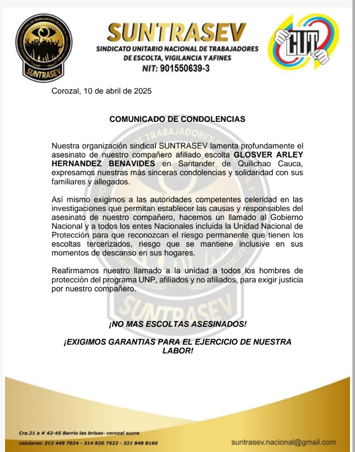 Exigimos justicia por el asesinato de nuestro compañero GLOSVER ARLEY HERNÁNDEZ asesinado en Santander de Quilichao