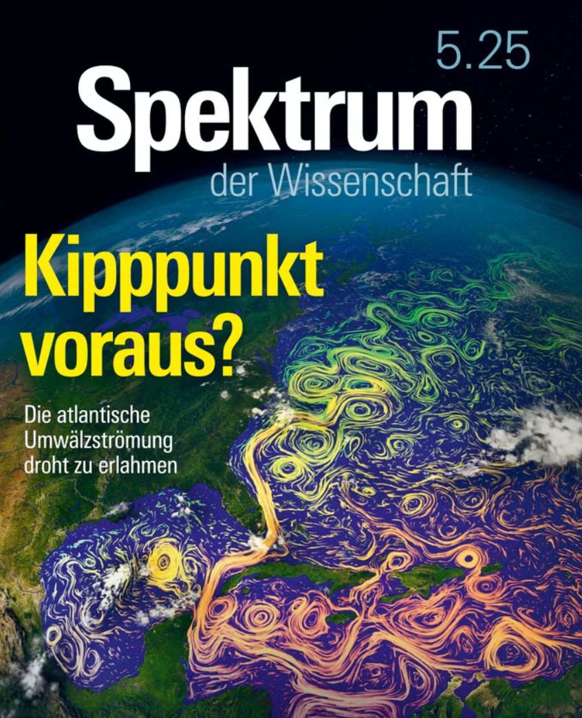Jetzt am Kiosk oder zum Download: Spektrum der Wissenschaft mit meiner Titelstory zur Abschwächung der atlantischen Umwälzströmung und ihrem drohenden Kipppunkt.