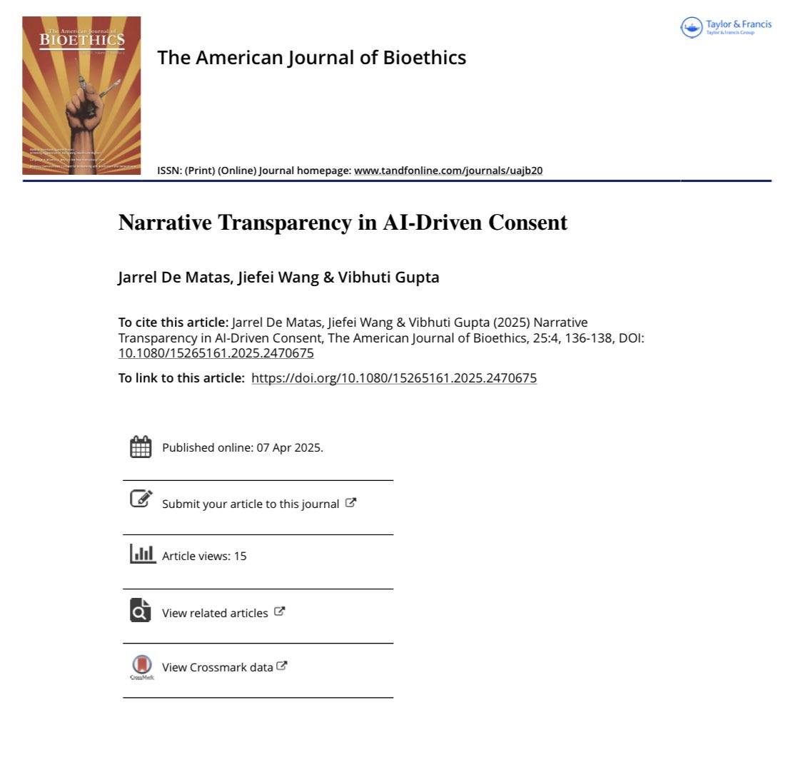 Dr. Jarrel De Matas (@jkdematas) on Twitter photo New publication alert in <a href="/bioethics_net/">The American Journal of Bioethics</a>. Our commentary discusses the value of adapting a storytelling framework to AI design for more ethically informed consent.
Read here: tandfonline.com/doi/full/10.10… New publication alert in <a href="/bioethics_net/">The American Journal of Bioethics</a>. Our commentary discusses the value of adapting a storytelling framework to AI design for more ethically informed consent.
Read here: tandfonline.com/doi/full/10.10…