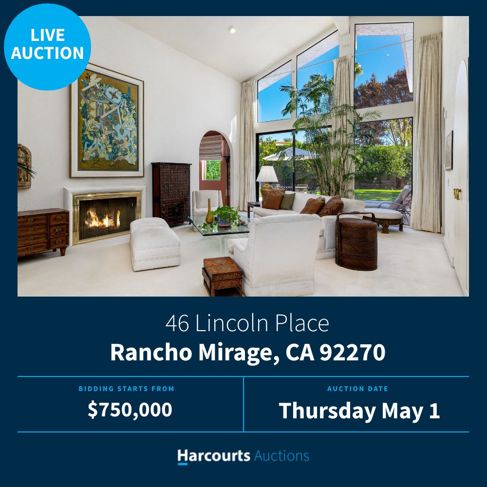 _AuctionsWork's tweet photo. Just Listed: 46 Lincoln Place, Rancho Mirage! This stunning property offers 3 bedrooms, 4 bathrooms, and expansive 3,050 sqft of living space. Contact Curtis Anderson for more info!

#RethinkRealEstate #HarcourtsAuctions #AuctionsWork #ForSale #PropertyAuction #RanchoMirageLiving https://t.co/H8McbajY4z