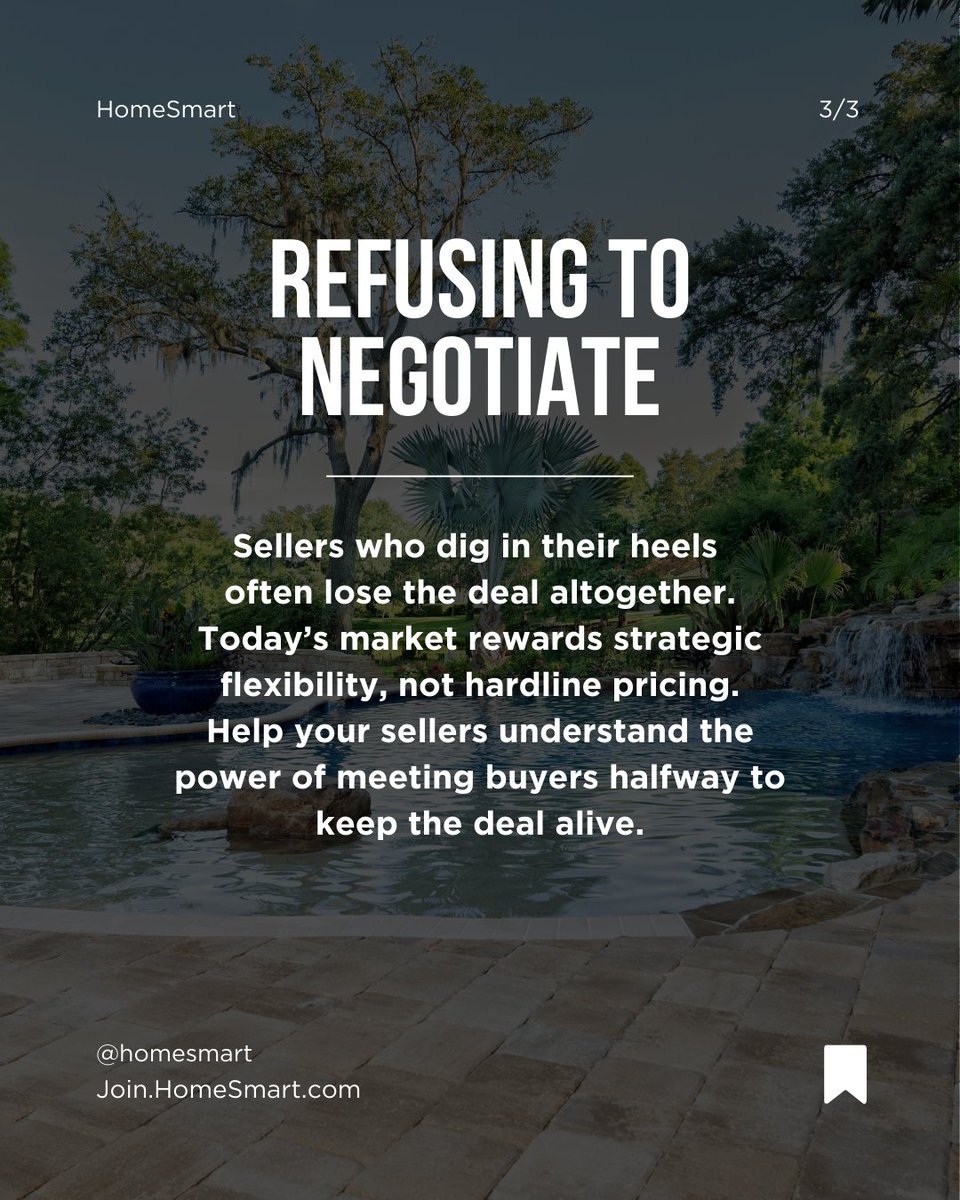 HomeSmartIntl's tweet image. As a real estate pro, we know you've seen it all—but these 3 slip-ups are still costing sellers big time. Coach your clients early to avoid these pitfalls and keep those deals moving smoothly!

#RealEstateAgentTips #ListingSuccess #SellerAdvice #Realtor #RealEstate #HomeSmart