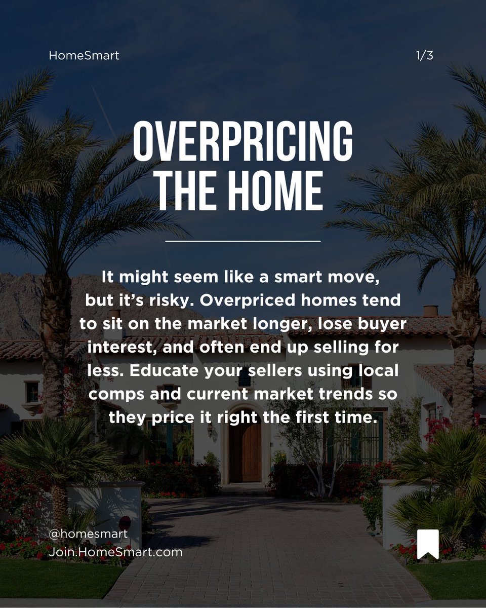 HomeSmartIntl's tweet image. As a real estate pro, we know you've seen it all—but these 3 slip-ups are still costing sellers big time. Coach your clients early to avoid these pitfalls and keep those deals moving smoothly!

#RealEstateAgentTips #ListingSuccess #SellerAdvice #Realtor #RealEstate #HomeSmart