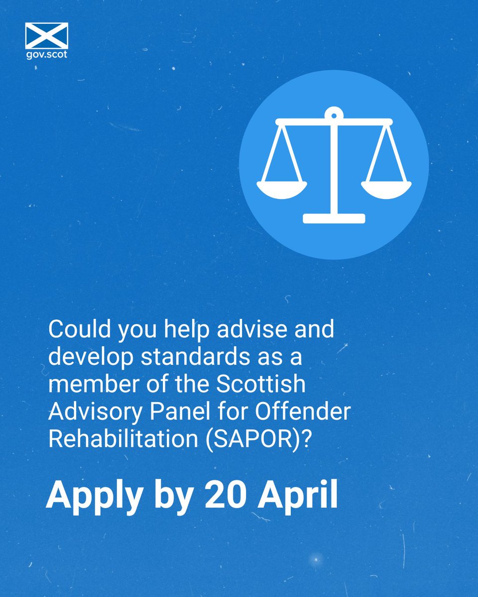 The Scottish Advisory Panel for Offender Rehabilitation works to reduce reoffending by providing advice, setting standards and promoting excellence in justice system programmes.

Recruitment is open for new panel members - apply by 20 April 2025.

➡️ow.ly/2Icn50Vj4r7