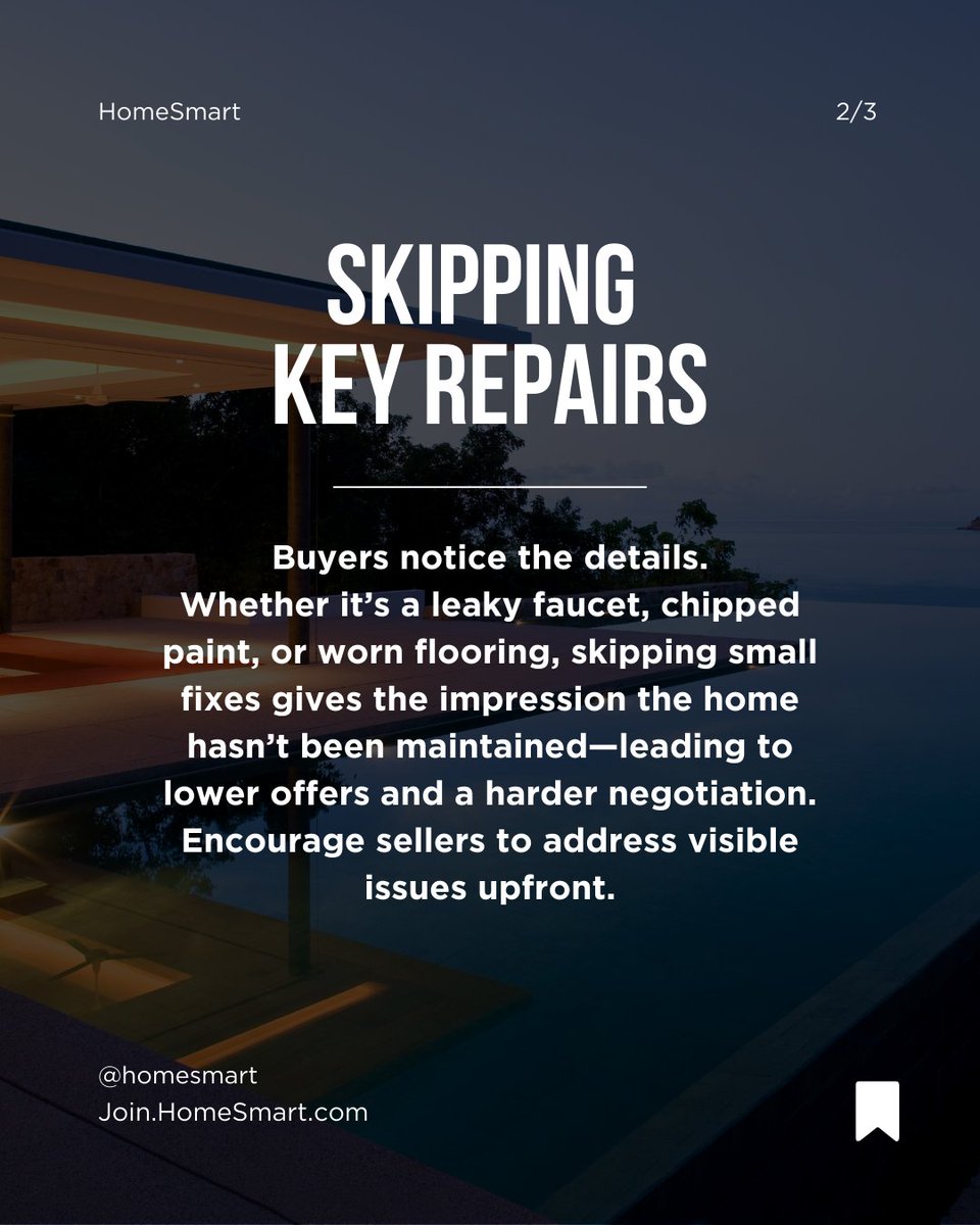 HomeSmartIntl's tweet image. As a real estate pro, we know you've seen it all—but these 3 slip-ups are still costing sellers big time. Coach your clients early to avoid these pitfalls and keep those deals moving smoothly!

#RealEstateAgentTips #ListingSuccess #SellerAdvice #Realtor #RealEstate #HomeSmart