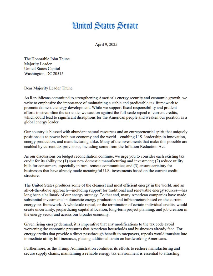 lisamurkowski's tweet photo. The U.S. produces some of the cleanest and most efficient energy in the world, and an all-of-the-above approach—including support for traditional and renewable energy sources—has long been a hallmark of our energy strategy. Many American companies have made substantial investments in domestic energy production and infrastructure based on the current energy tax framework. A wholesale repeal, or the termination of certain individual credits, would create uncertainty, jeopardizing long-term project planning and job creation in the energy sector.
