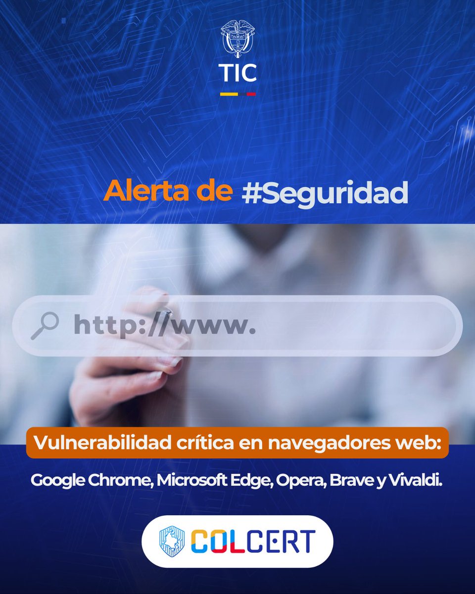 colCERT's tweet photo. El #ColCERT comparte alerta de seguridad con análisis de vulnerabilidad que afecta navegadores web.🚨 Revisa el navegador, conoce cómo funciona y realiza la actualización manual.✅
Consultar en: 👉https://t.co/2WeGy3w3bA
#MásPreparados #MinisterioTIC #MásResilientes https://t.co/SPJBGMLDKy