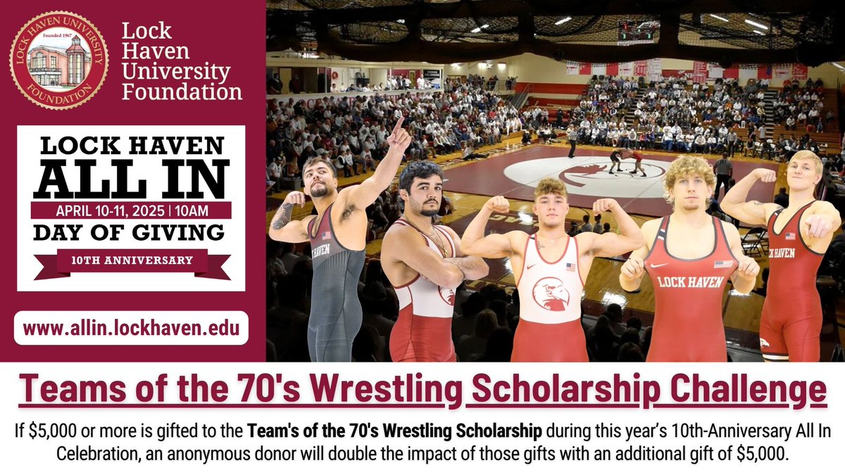 Support #TheRise of <a href="/LockHavenWrstl/">Lock Haven Wrestling</a> during this year's 10th anniversary All In Day of Giving. Give now at:

allin.lockhaven.edu/campaigns/wres…

#LHUALLIN #GiveToLHU #BaldEaglesForLife  #HAVENPROUD