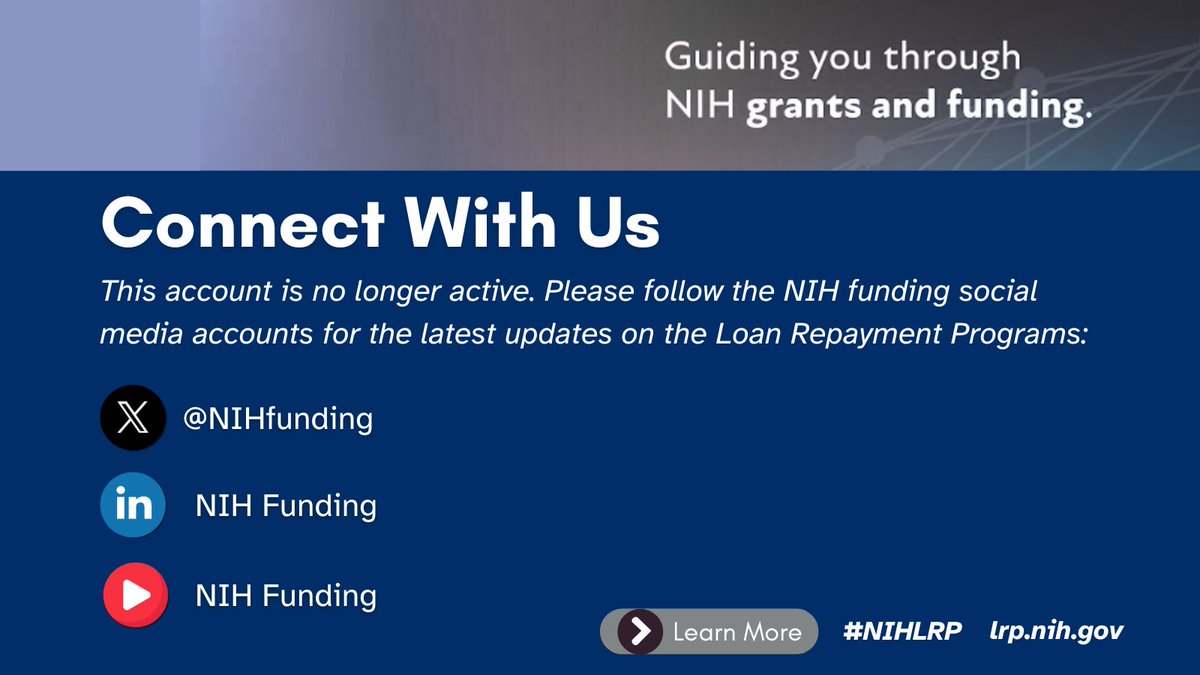 NIH Loan Repayment (@nih_lrp) on Twitter photo This account will become inactive on April 25, 2025. Good news: You can stay connected by following <a href="/NIHFunding/">NIH Funding</a> for all #NIHLRP updates. This account will become inactive on April 25, 2025. Good news: You can stay connected by following <a href="/NIHFunding/">NIH Funding</a> for all #NIHLRP updates.