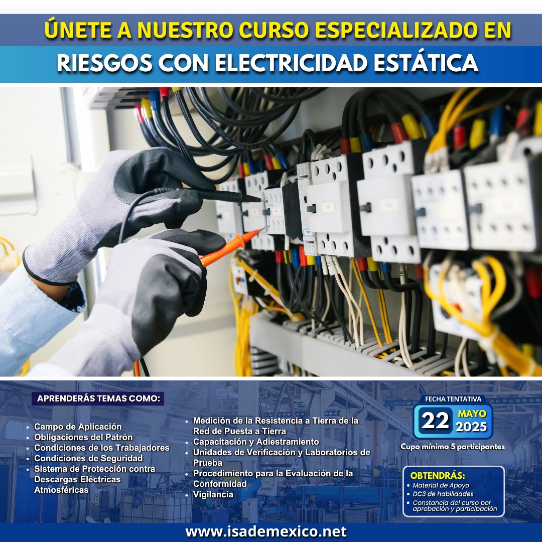 ISAdeMx's tweet photo. Descubre el poder de la seguridad eléctrica! Únete a nuestro curso sobre Riesgos Eléctricos y Electricidad Estática y capacítate para enfrentar los desafíos del mundo moderno de forma segura y eficiente 👷‍♂️🌐

#STPS #seguridad #trabajoseguro #entornolaboral #saludeneltrabajo https://t.co/o9dGGOH9CP