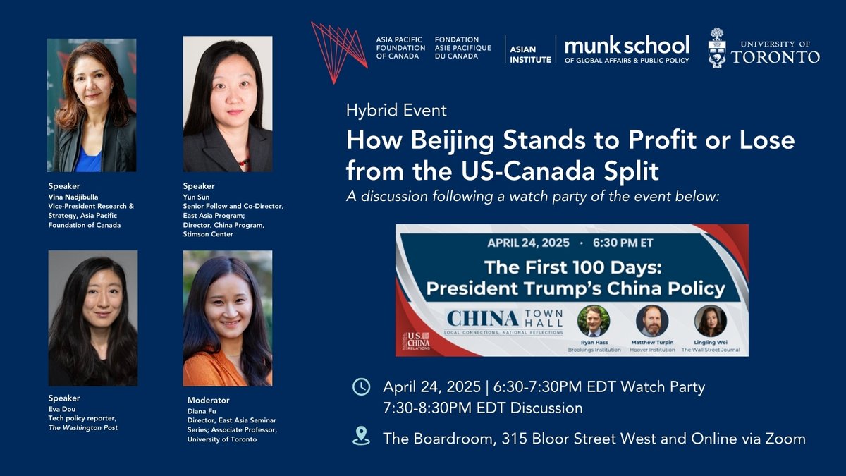 Asian Institute UofT (@ai_uoft) on Twitter photo Join us for a watch party of “The First 100 Days: President Trump’s China Policy,” a webinar organized by <a href="/NCUSCR/">National Committee on U.S.-China Relations</a>. “How Beijing Stands to Profit or Lose from the Canada-US split?” ft <a href="/VinaNadjibulla/">Vina Nadjibulla</a>, Yun Sun, & <a href="/evadou/">Eva Dou</a> will follow <a href="/AI_UofT/">Asian Institute UofT</a> <a href="/munkschool/">Munk School</a>
uoft.me/Beijing-profit… Join us for a watch party of “The First 100 Days: President Trump’s China Policy,” a webinar organized by <a href="/NCUSCR/">National Committee on U.S.-China Relations</a>. “How Beijing Stands to Profit or Lose from the Canada-US split?” ft <a href="/VinaNadjibulla/">Vina Nadjibulla</a>, Yun Sun, & <a href="/evadou/">Eva Dou</a> will follow <a href="/AI_UofT/">Asian Institute UofT</a> <a href="/munkschool/">Munk School</a>
uoft.me/Beijing-profit…